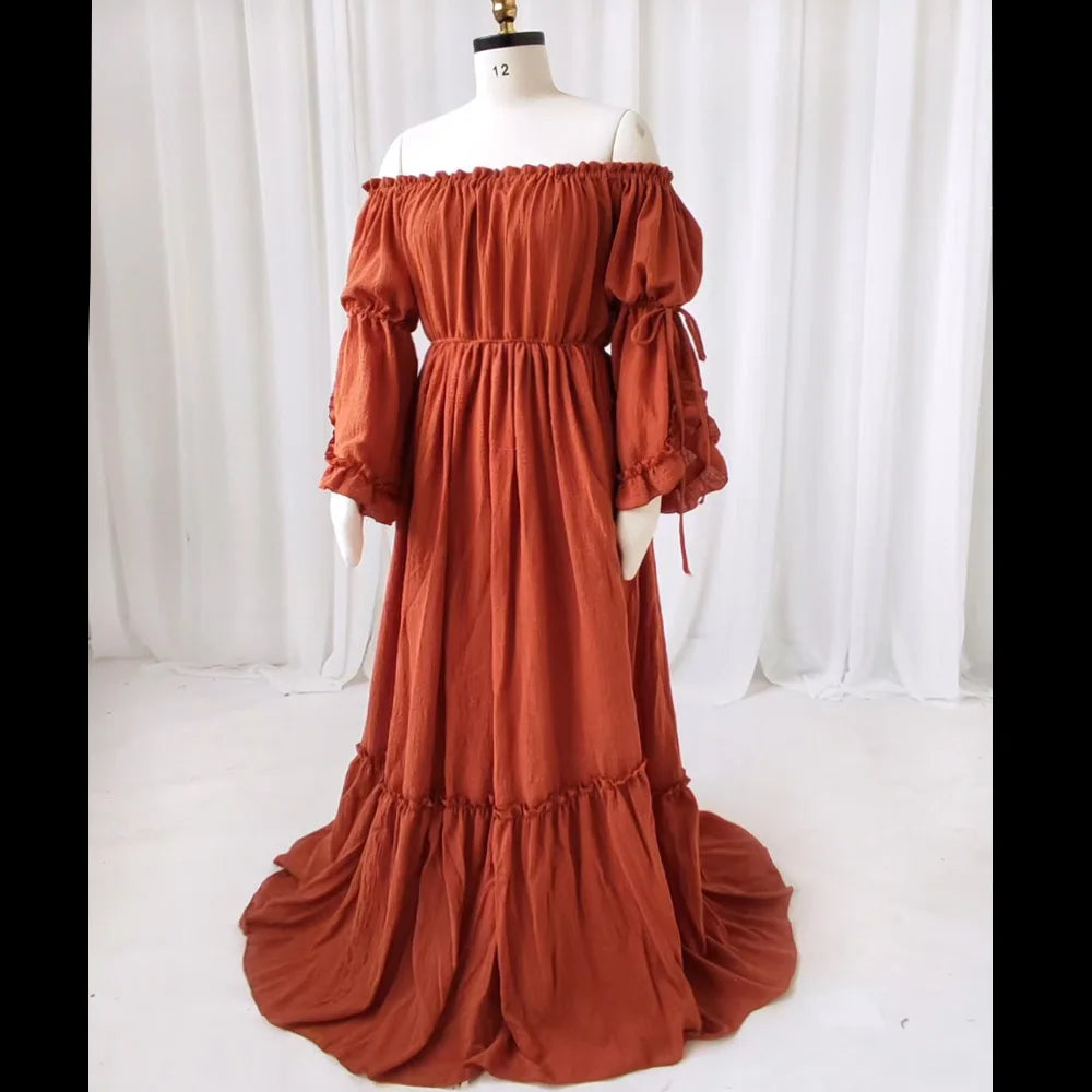 Maternity Photography Bohemian Props Dress Linen Cotton One Shoulder Long Sleeves Two piece set