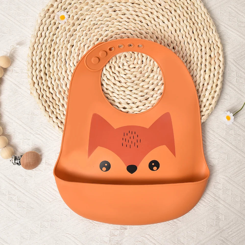 Animal Face Silicone Baby Meal Bib with 3D Waterproof Design Ultra-soft Easy-to-clean Large-sized Drool Bib for Toddlers and Children