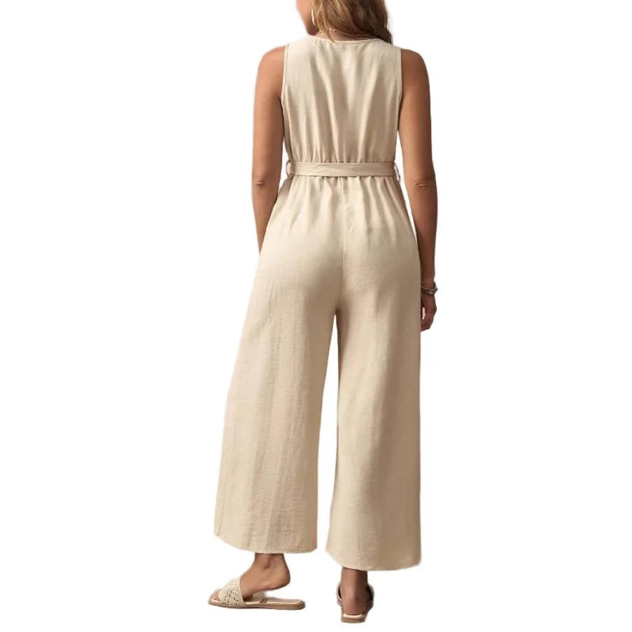 Maternity Jumpsuit for Pregnant Women V-neck Sleeveless Button Down Casual Loose Long Pants with Belt