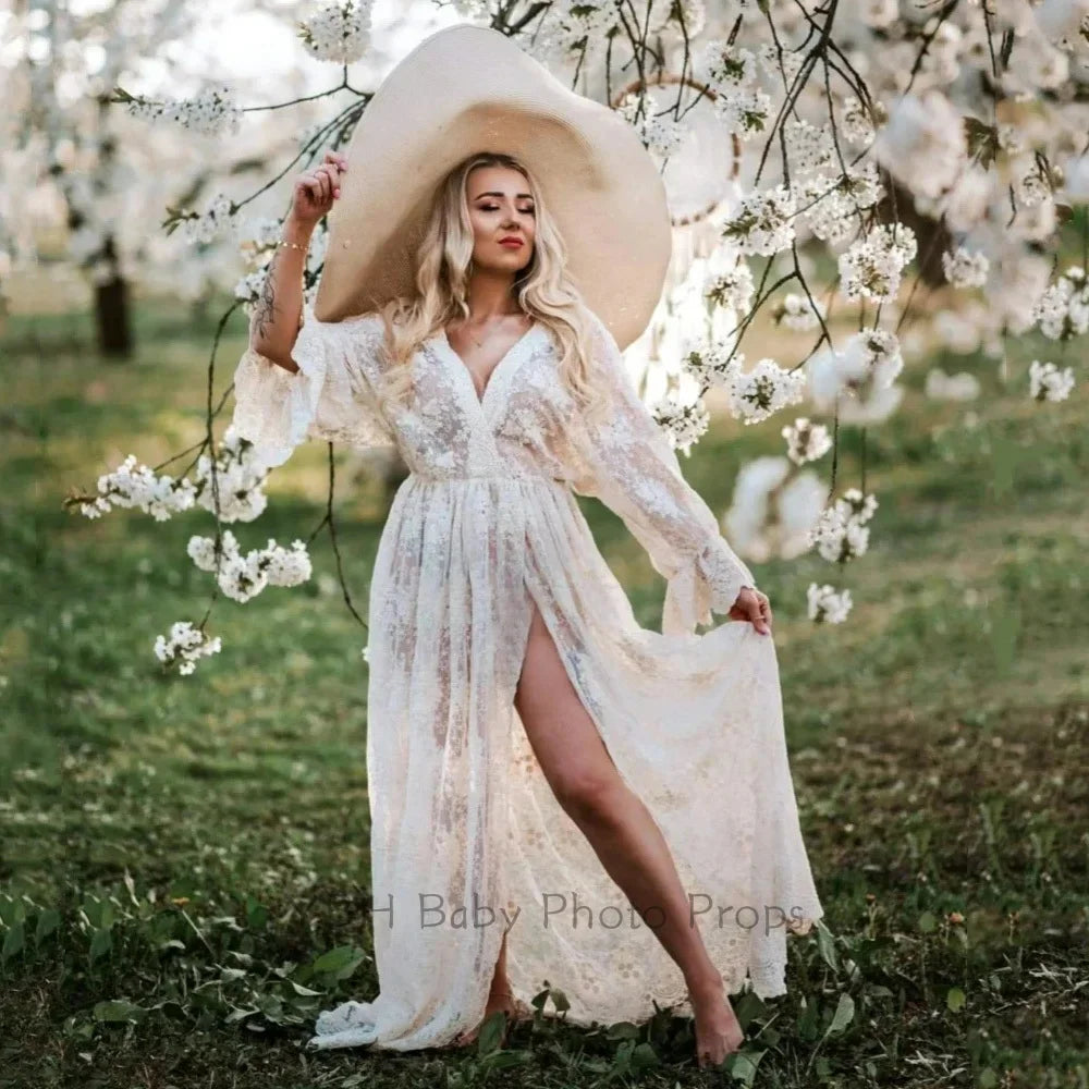 Maternity Photography Dress Cotton Embroidered Lace Transparent Mesh Lace sleeve V-neck For Women