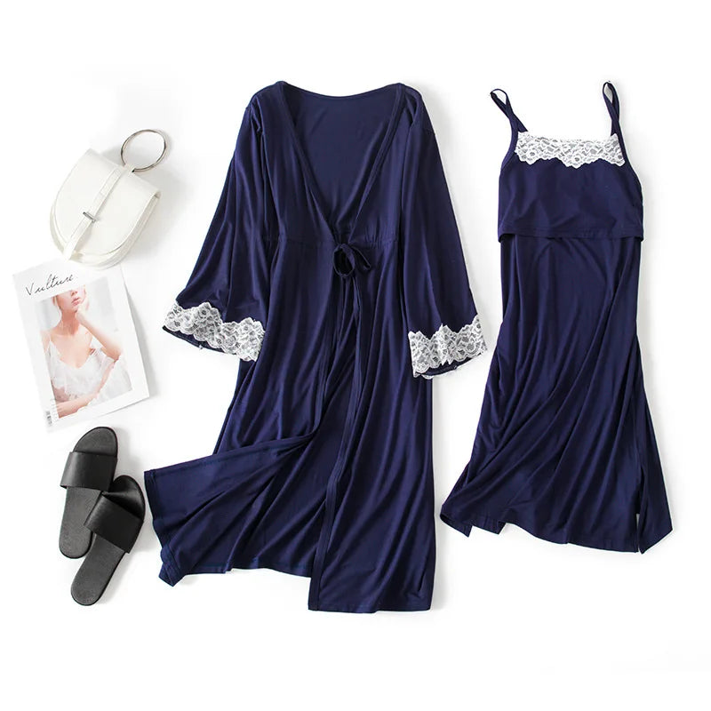 Maternity Labor Dress+Robe Childbirth Pregnancy Pajamas Sleepwear Nursing Sling Breastfeeding Nightgown - 2pcs/Set
