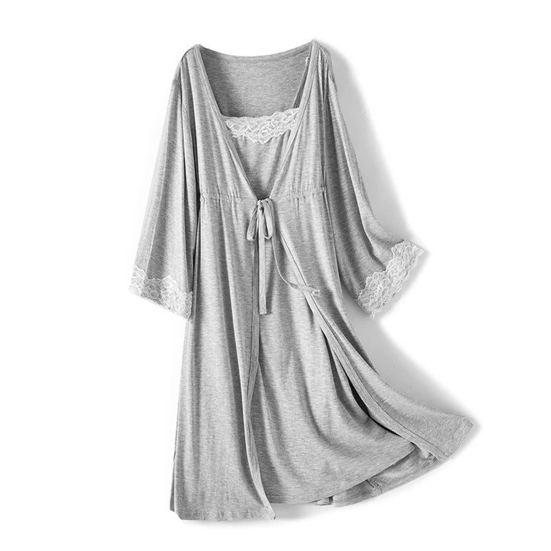 Maternity Labor Dress+Robe Childbirth Pregnancy Pajamas Sleepwear Nursing Sling Breastfeeding Nightgown - 2pcs/Set
