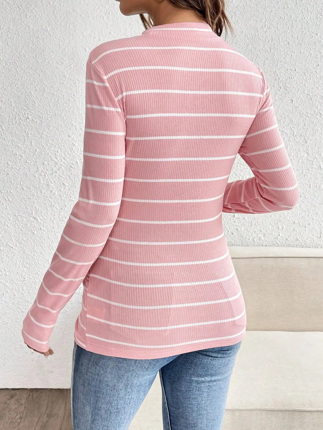 Maternity loose casual pink striped knitted cotton fabric round neck long sleeve pregnant woman T-shirt