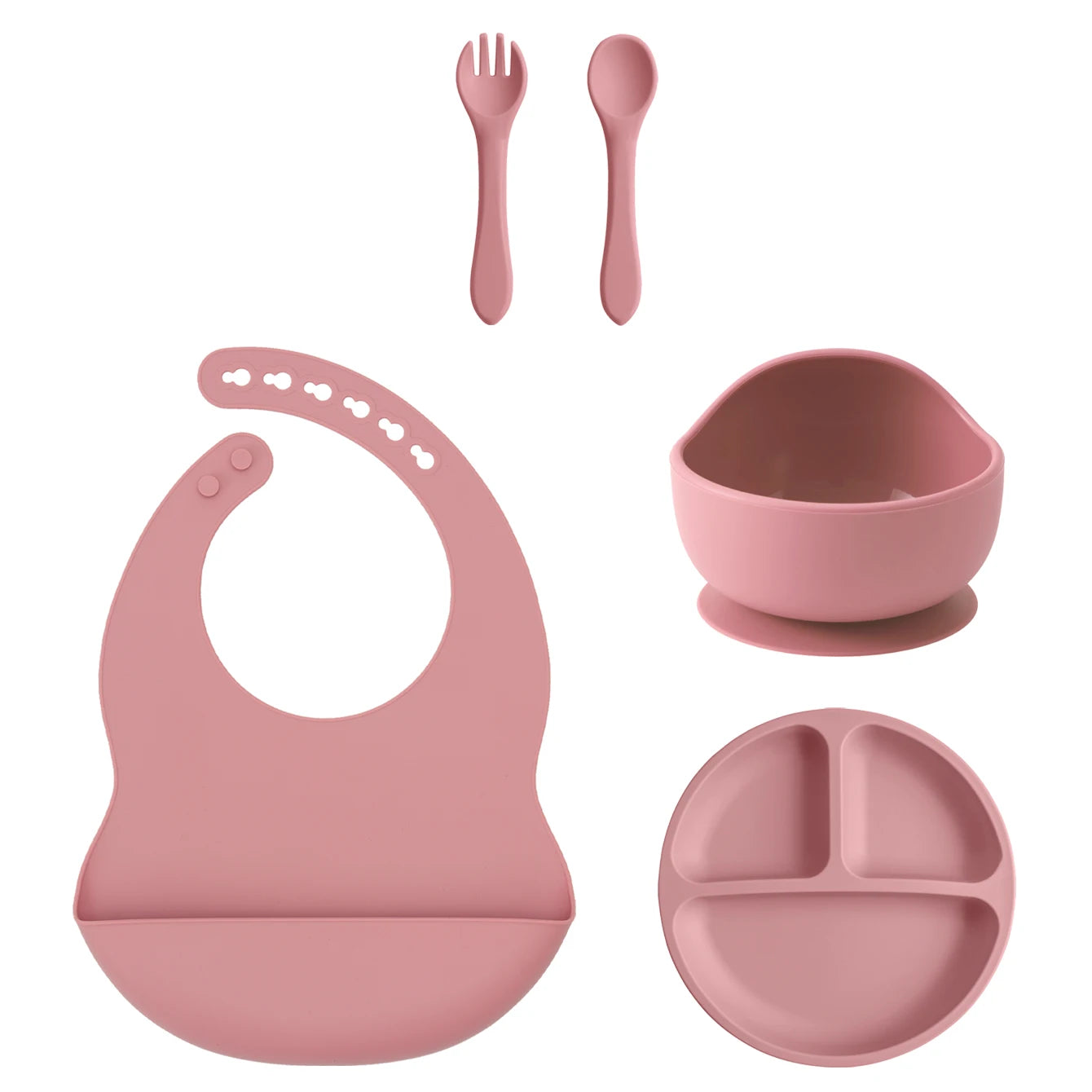 5PCS Silicone BPA Free Baby Toddler Feeding Set; Suction Plate, Suction Bowl, Bib, Spoon Fork Training Tableware Gift Set