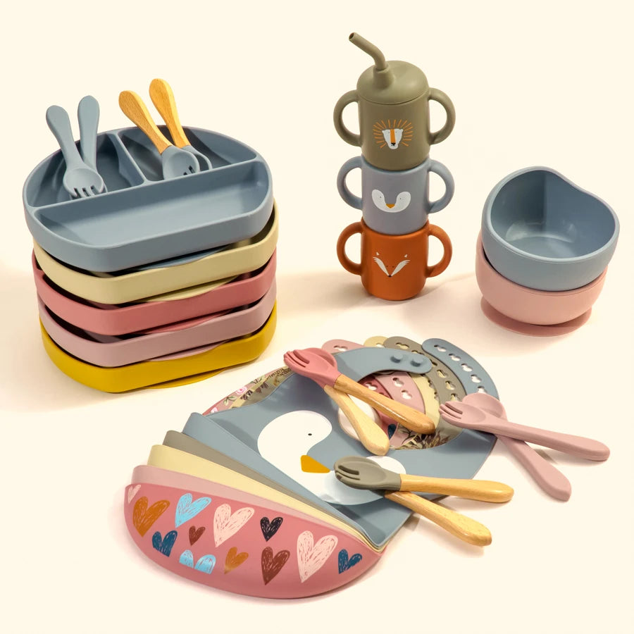 100% Food Grade Silicone Baby Cup, Bowl, Bib, Suction Dish and Utensils Sets
