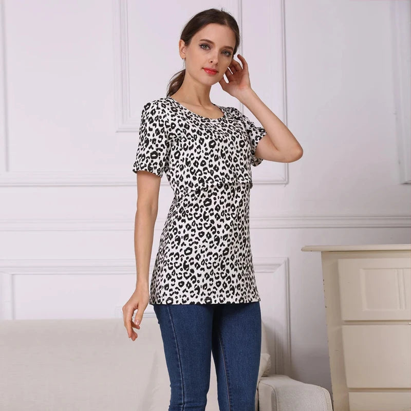 Nursing Postpartum Breastfeeding Short Sleeve T-Shirt Leopard Print Top