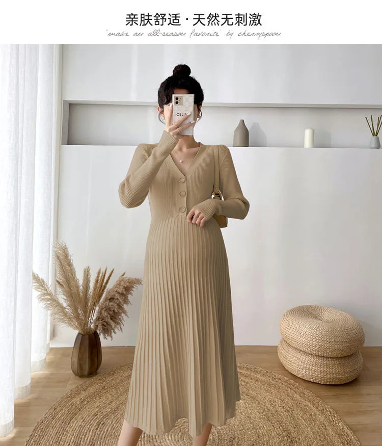 Maternity V-Neck Long Sleeve Sweater Dress