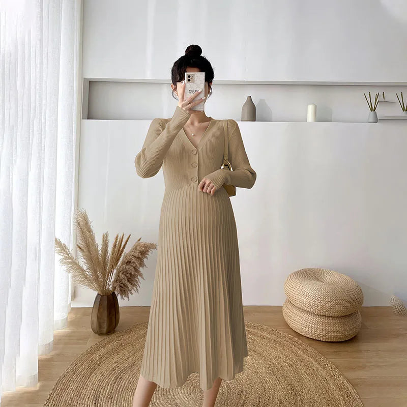 Maternity V-Neck Long Sleeve Sweater Dress