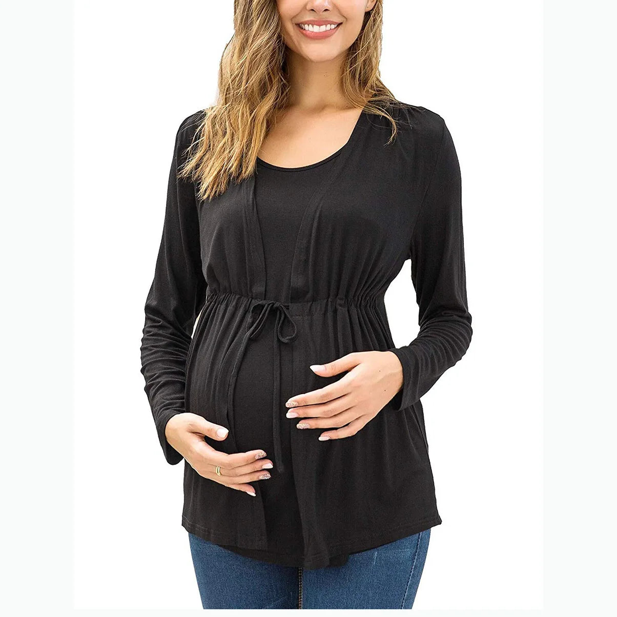 Nursing Long Sleeve Round Neck Fake Two Piece Lace Up Breastfeeding Pregnant Women's Top Autumn Winter