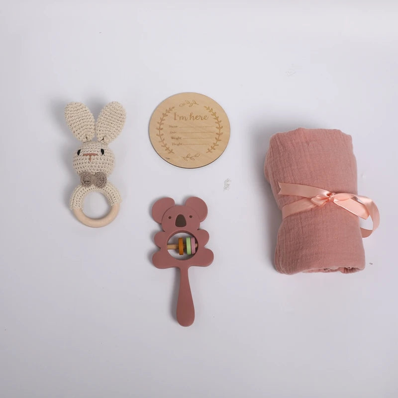 1Set Baby Silicone Pacifier Animal Rattle Rainbow Stacked Toys Newborn Souvenir Milestone Card Baby Birth Teething Gift Box Set