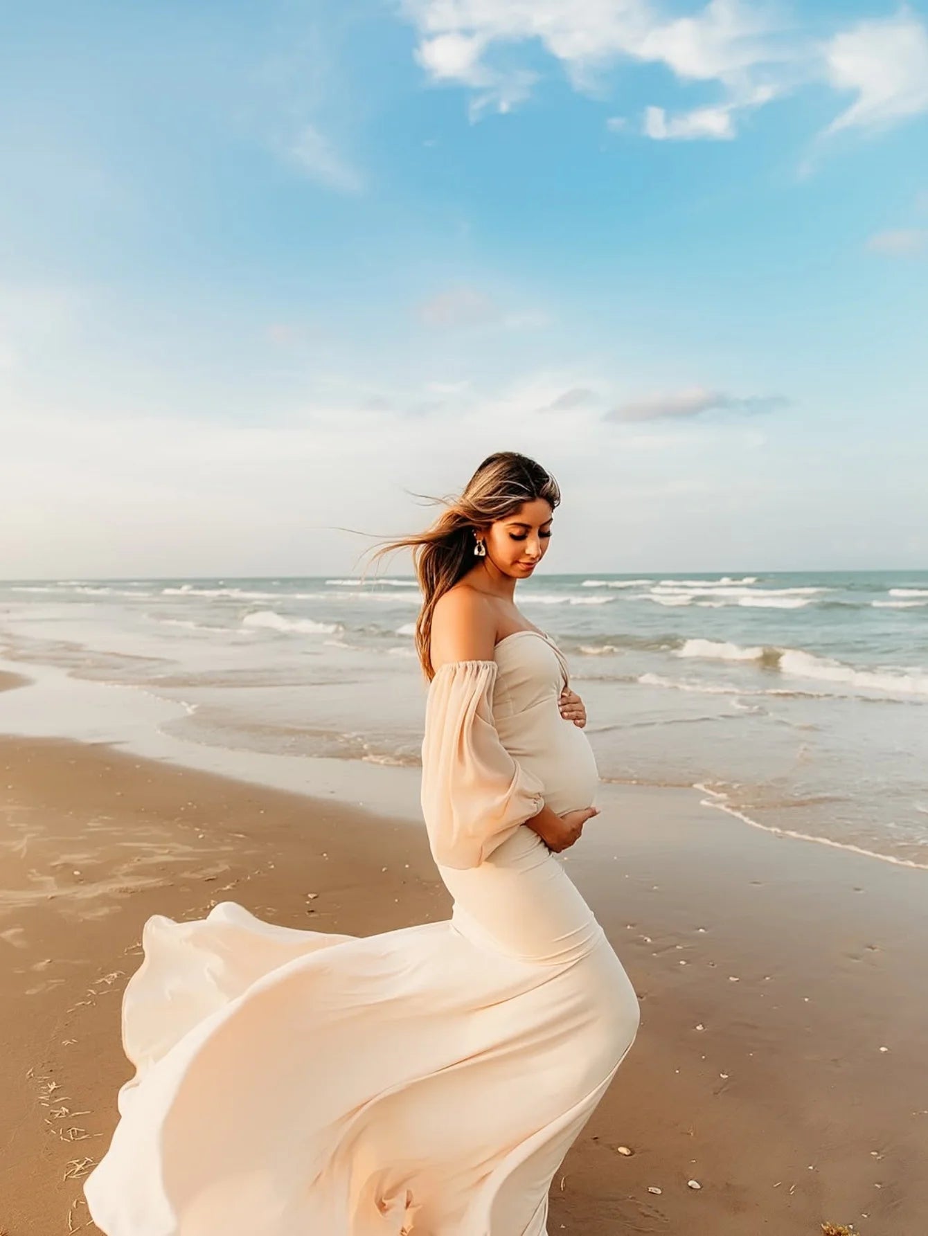 Maternity Photography Dress Off-Shoulder Mesh Puff Sleeve Slim Pregnancy Women's Maxi Gowns For Baby Shower Photoshoot