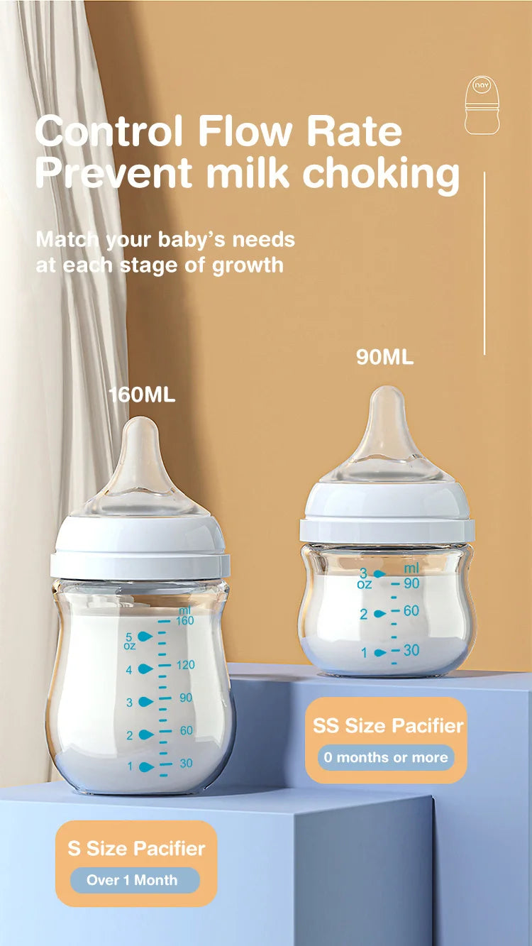 Newborn Glass Feeding Bottles 90ML/160ML Baby Bottle Anti-flatulence Milk Feeding Bottles Infant BPA free, 1PCS