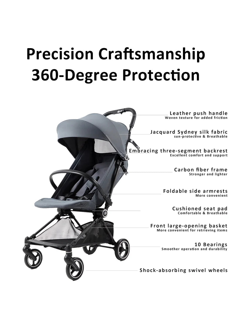 Gb FYN Carbon Fiber Stroller - Ultra-Lightweight 3.9kg/8.6lbs, One-Hand Fold,  Airplane & GT Friendly, with Cargo Basket, Canopy