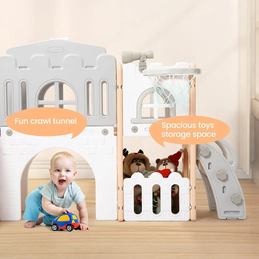 8 in 1 Toddler Slide Playset Toddler Indoor Playground for 1-3 Baby Outdoor Indoor Playset with Slide Climber Tunnel Basketball