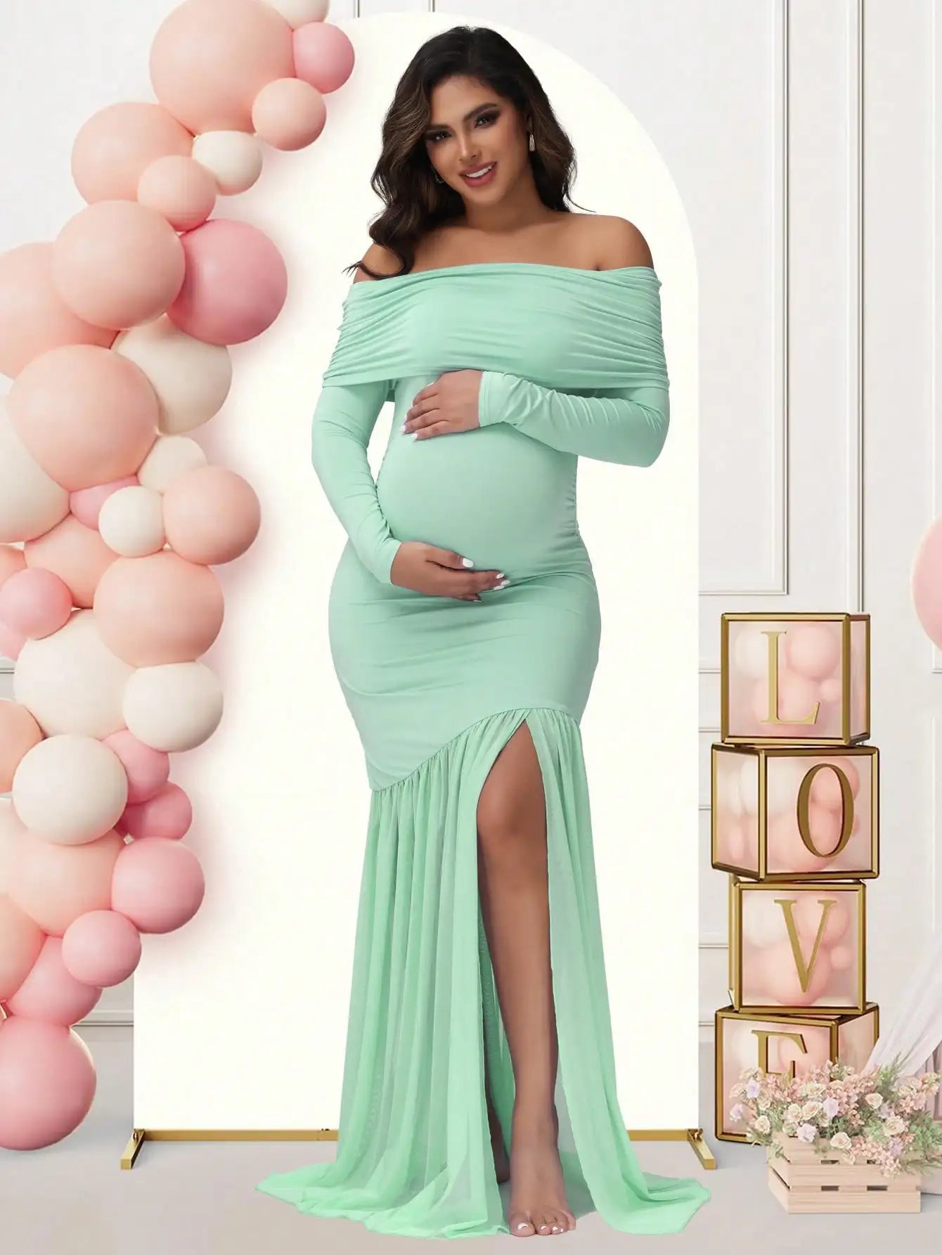 Maternity Photography Off-Shoulder Slits Fishtail Hem Baby Shower Clothes For Pregnant Woman Evening Party Elegant Gown
