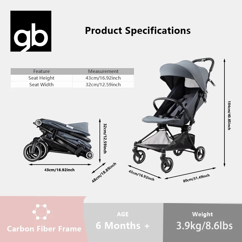 Gb FYN Carbon Fiber Stroller - Ultra-Lightweight 3.9kg/8.6lbs, One-Hand Fold,  Airplane & GT Friendly, with Cargo Basket, Canopy