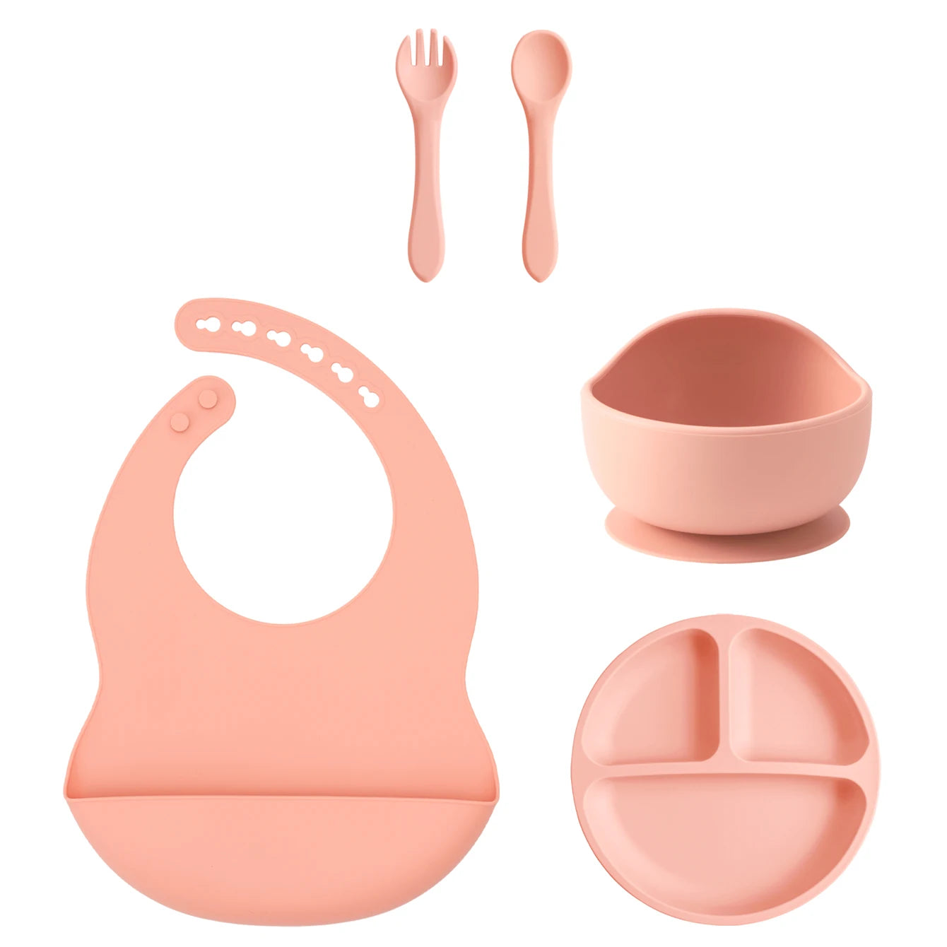 5PCS Silicone BPA Free Baby Toddler Feeding Set; Suction Plate, Suction Bowl, Bib, Spoon Fork Training Tableware Gift Set