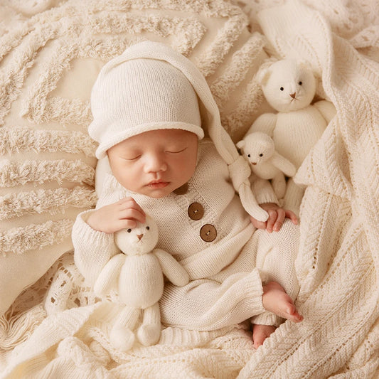 Newborn Photography Clothes 2 Pieces Set Baby Romper Hat Infant Photo Shoot Props Bear Doll Newborn Photography Accessories sold seperately or as complete set