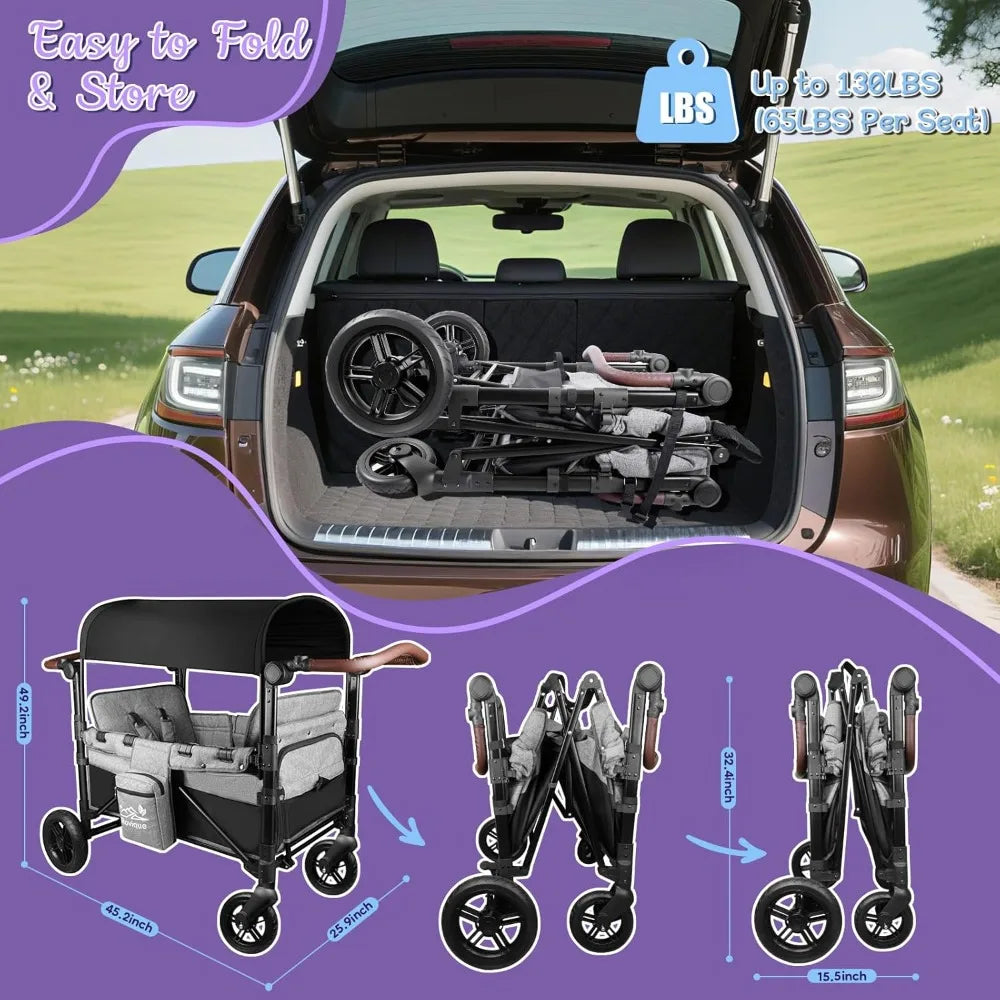All Terrain Stroller Wagon for 2 Kids Foldable Aluminum Wagon with Extender Canopy Snack Tray Adjustable Handle