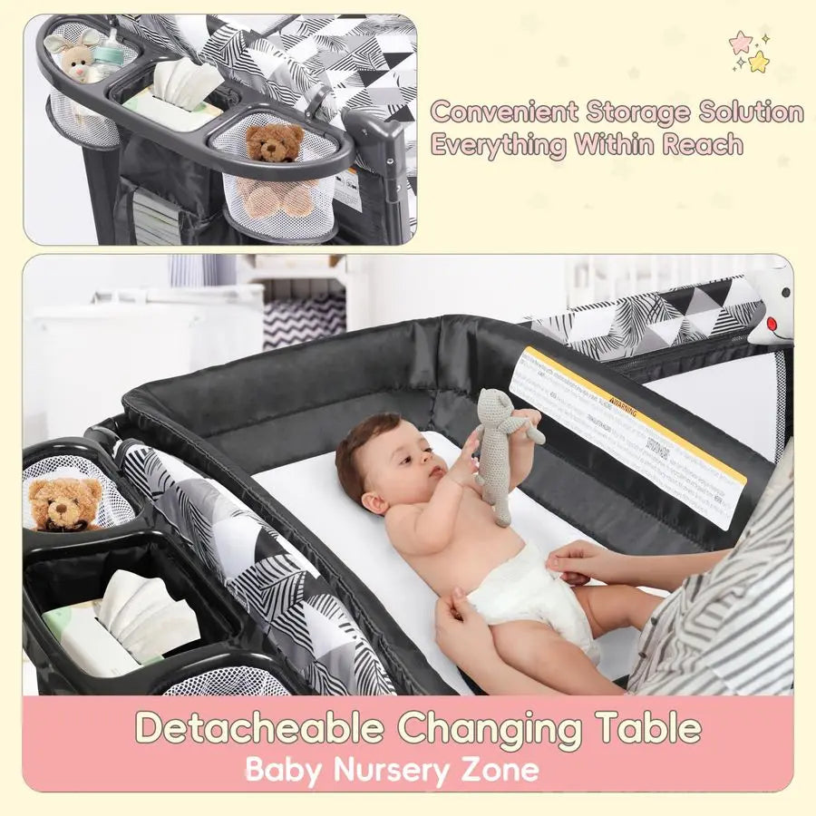 5in1 Baby Bassinet Bedside Sleeper, Portable Pack and Play with Changing Table, Baby Crib with Carry Bag, Cosleeper Bassinet Att