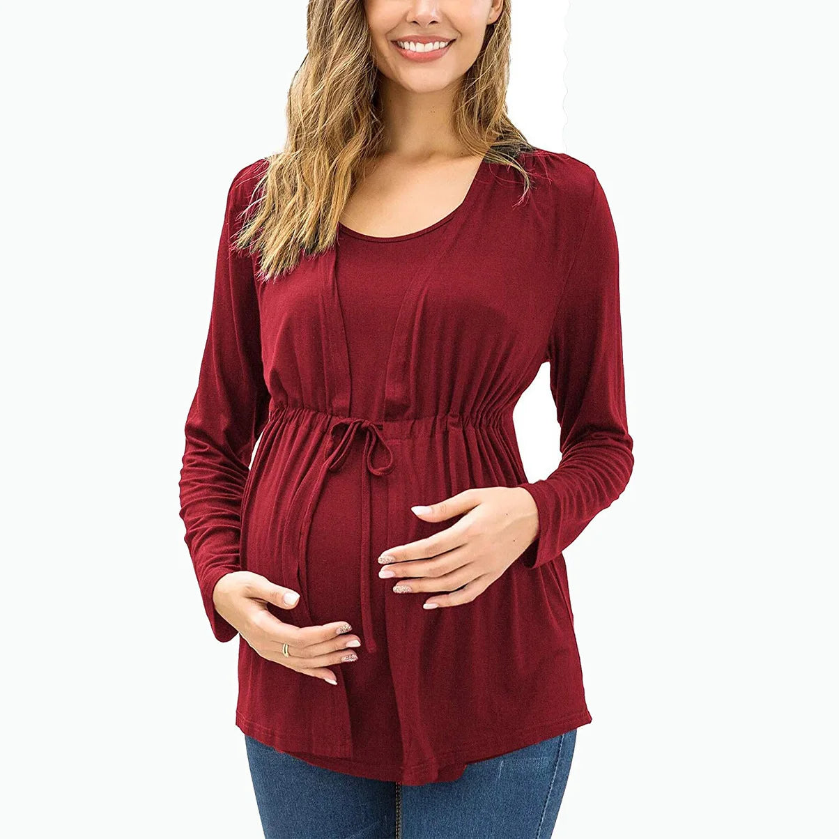 Nursing Long Sleeve Round Neck Fake Two Piece Lace Up Breastfeeding Pregnant Women's Top Autumn Winter