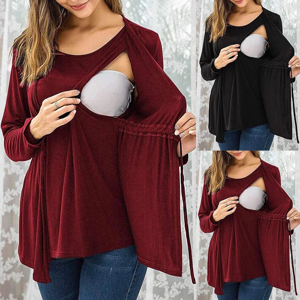 Nursing Long Sleeve Round Neck Fake Two Piece Lace Up Breastfeeding Pregnant Women's Top Autumn Winter