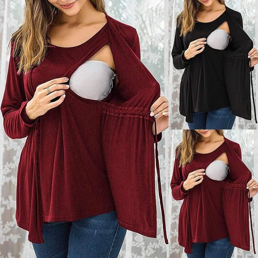 Nursing Long Sleeve Round Neck Fake Two Piece Lace Up Breastfeeding Pregnant Women's Top Autumn Winter