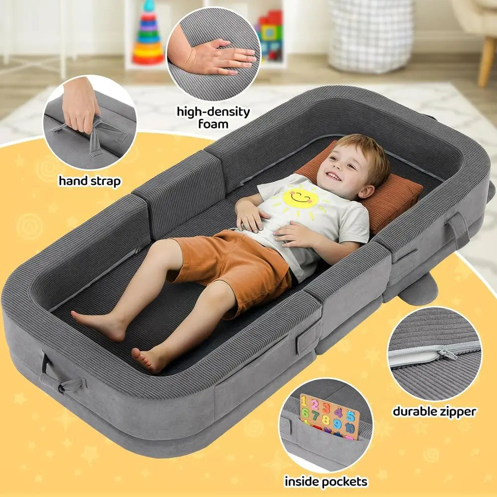 Toddler Travel Bed,Foldable Portable Toddler Floor Bed with Soft Foam for Baby and Kids Aged 1-4,Washable Cover Travel