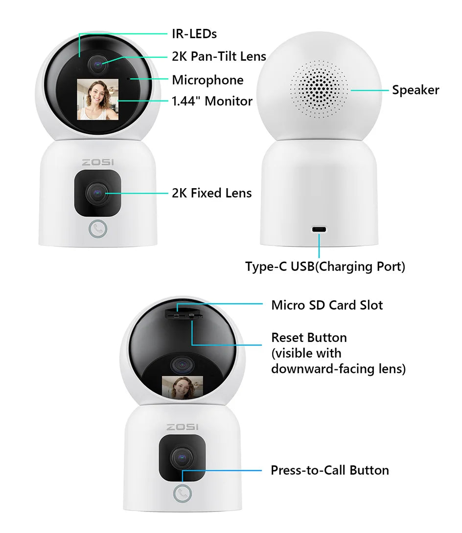 ZOSI Smart Baby Cams WiFi PTZ Auto Tracking AI 360° Panoramic Indoor Video Surveillance