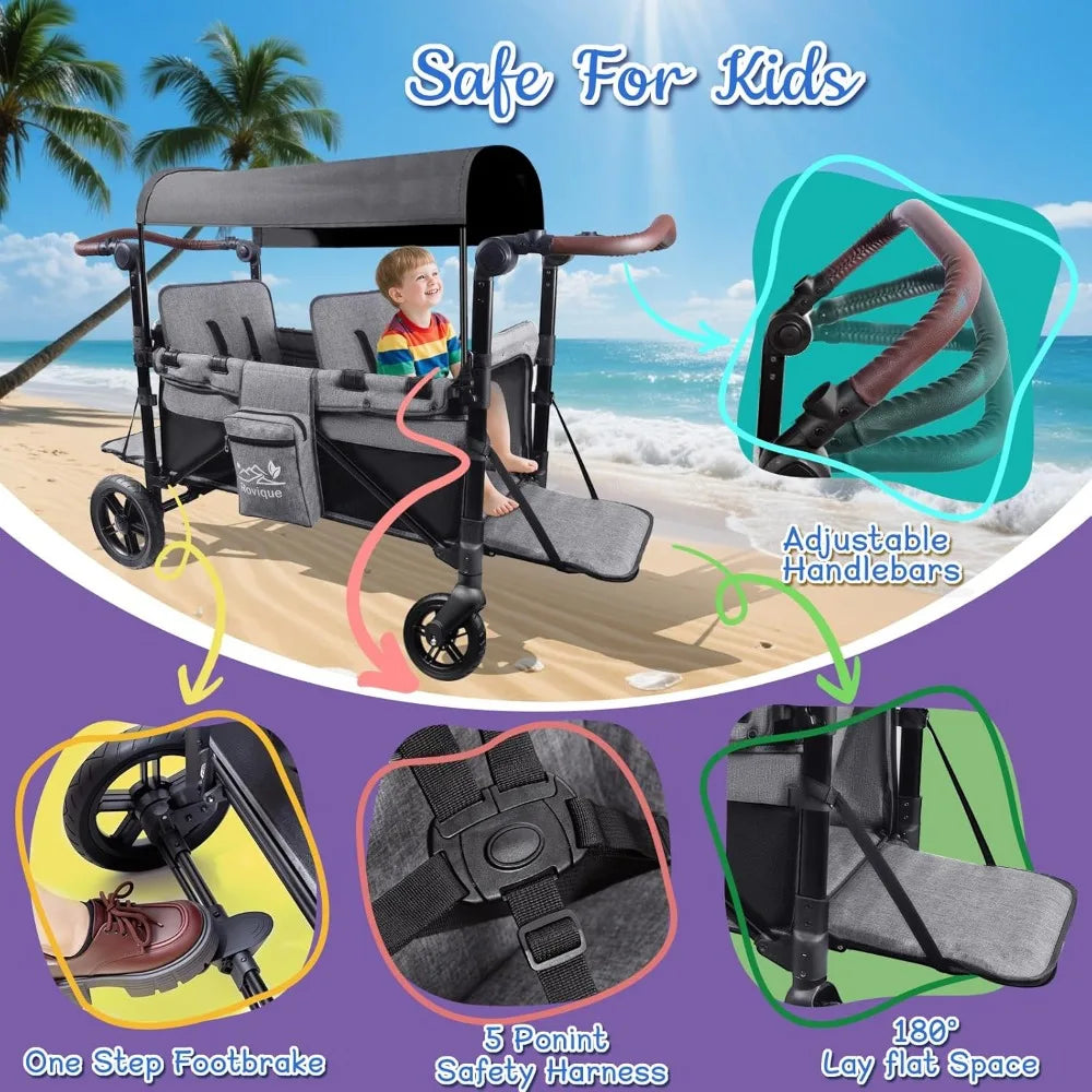 All Terrain Stroller Wagon for 2 Kids Foldable Aluminum Wagon with Extender Canopy Snack Tray Adjustable Handle