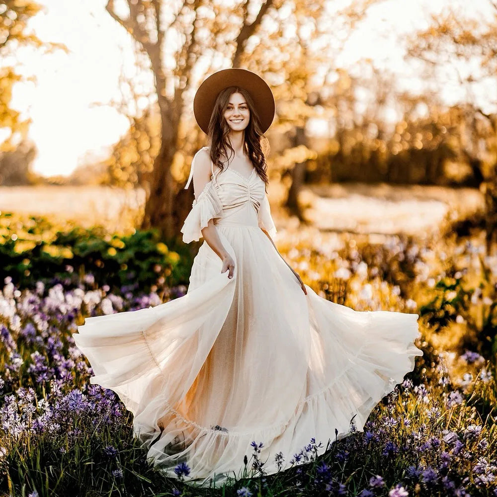 MaternityPhoto Shoot Dress Elegant Chiffon Two-Piece Dress With Adjustable Back Straps Short Top And Mesh Lace Skirt