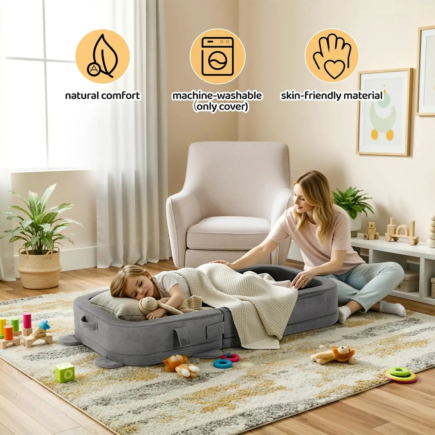 Toddler Travel Bed, Foldable Portable Toddler Floor Bed with Soft Foam for Baby and Kids Aged 1-4,Washable Cover Travel Crib