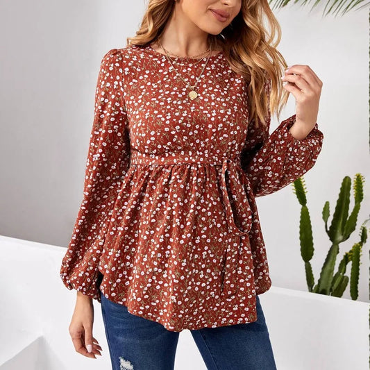 Maternity Blouse with Floral Print Long - Sleeve Round - Neck Button Belt Ruffled Hem Top