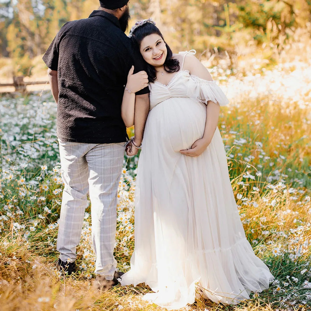 MaternityPhoto Shoot Dress Elegant Chiffon Two-Piece Dress With Adjustable Back Straps Short Top And Mesh Lace Skirt