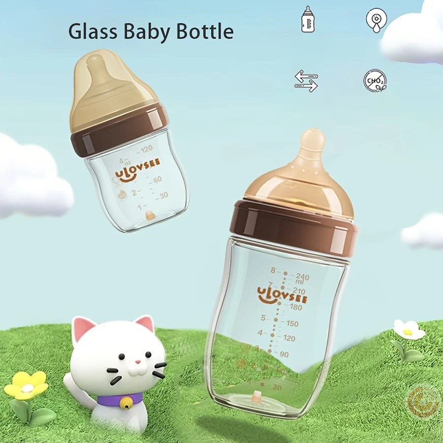 Baby Bottles, 4oz, 8oz High Borosilicate Glass  Wide-Neck Feeding Bottle with Bottom Air Balance Hole/Valve, Glass Milk Bottle