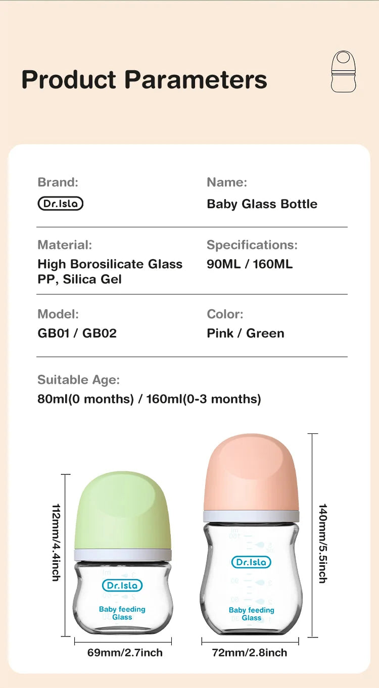 Newborn Glass Feeding Bottles 90ML/160ML Baby Bottle Anti-flatulence Milk Feeding Bottles Infant BPA free, 1PCS