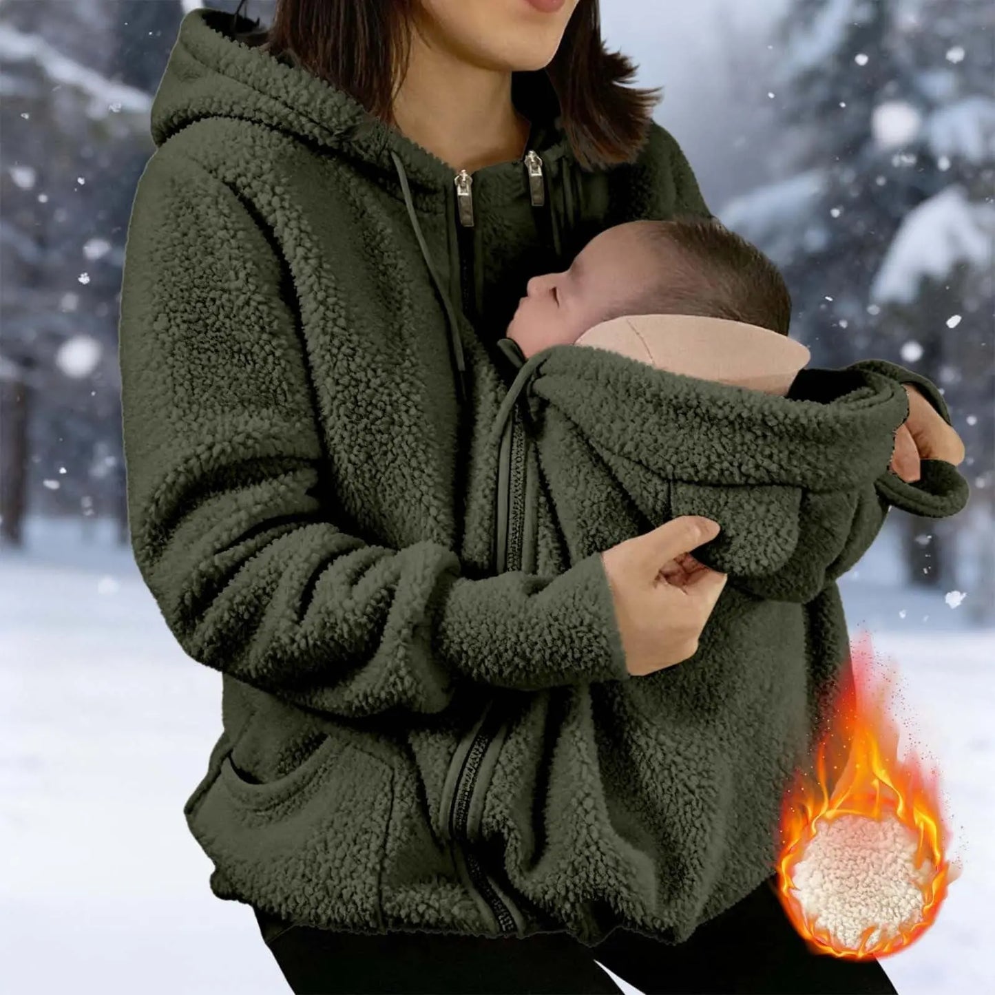 Maternity Warm Fleece Jacket Full Zip Baby Kangaroo Pouch For Winter Multifunctional Jacket, Plus Size Available