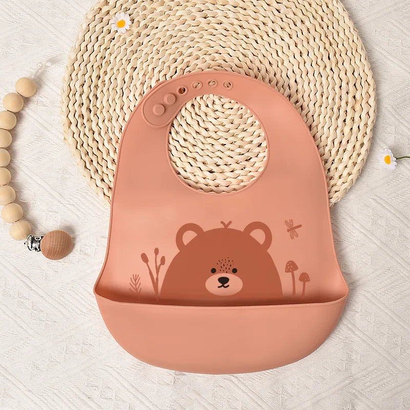 Animal Face Silicone Baby Meal Bib with 3D Waterproof Design Ultra-soft Easy-to-clean Large-sized Drool Bib for Toddlers and Children