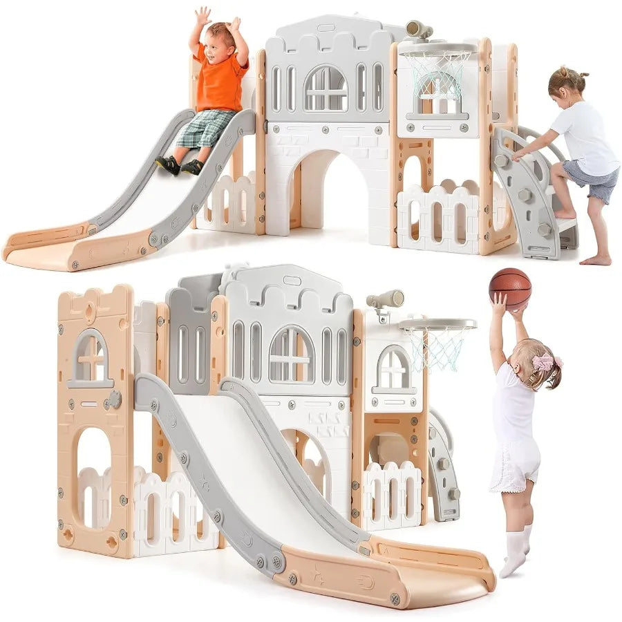 8 in 1 Toddler Slide Playset Toddler Indoor Playground for 1-3 Baby Outdoor Indoor Playset with Slide Climber Tunnel Basketball