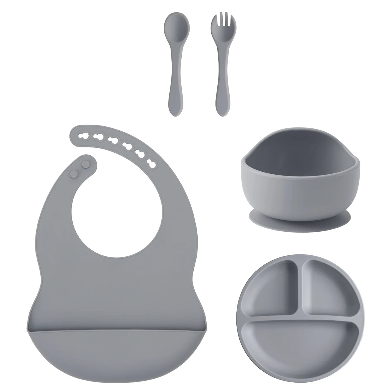 5PCS Silicone BPA Free Baby Toddler Feeding Set; Suction Plate, Suction Bowl, Bib, Spoon Fork Training Tableware Gift Set