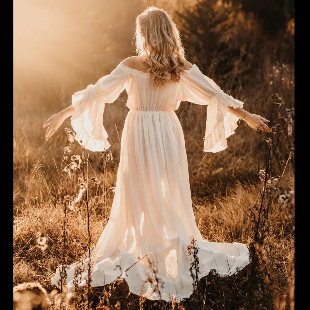 Maternity Photography Bohemian Props Dress Linen Cotton One Shoulder Long Sleeves Two piece set