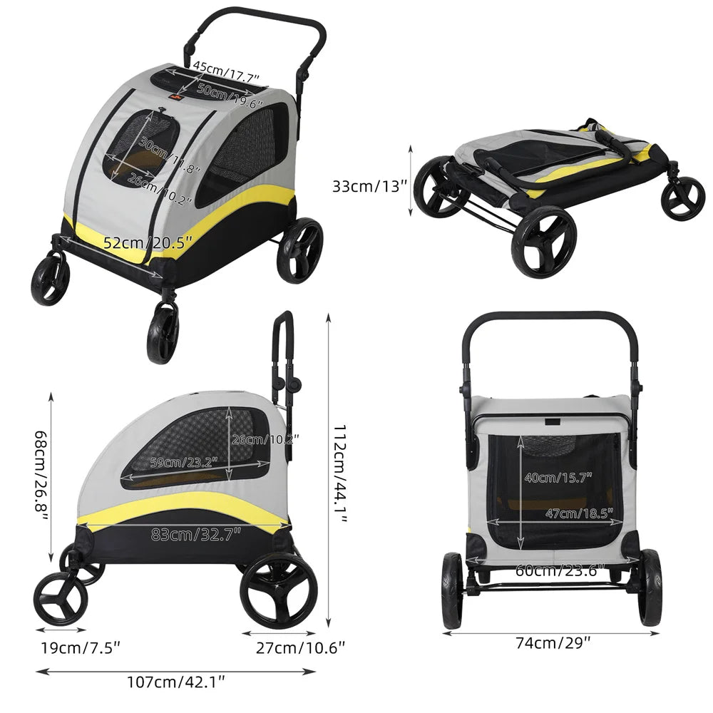 Premium Dog Stroller Pram 4 Wheel Foldable Cart Travel Walk Pet Jogger Wagon for Small Medium Large XL Dogs