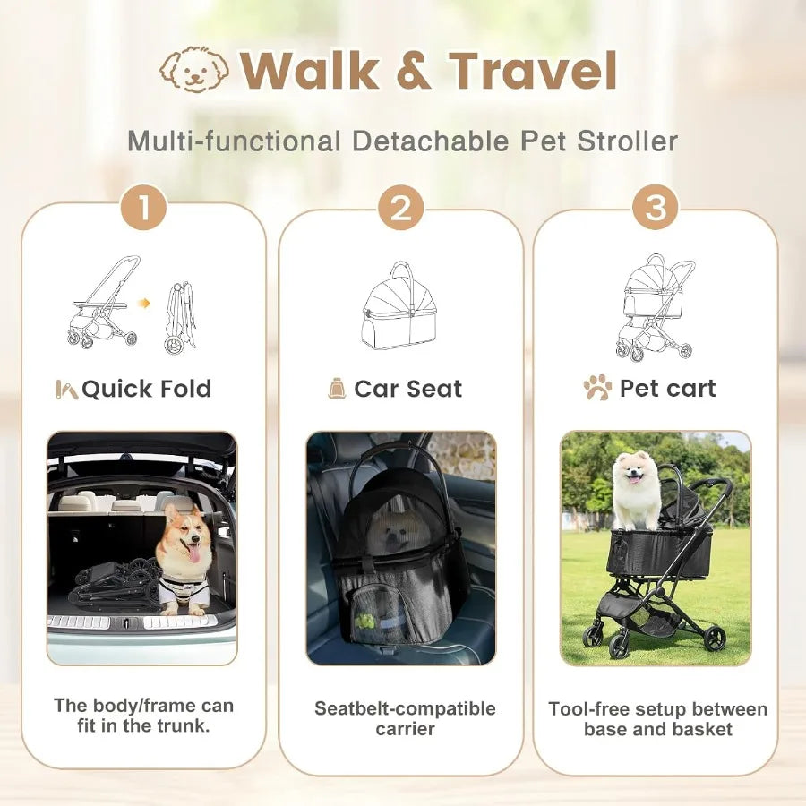 3 in 1 Dog Stroller Upgraded Frame Up to 44lbs Pet Stroller with Dog Poop Bags Dispenser Zipperless Entry Storage Basket