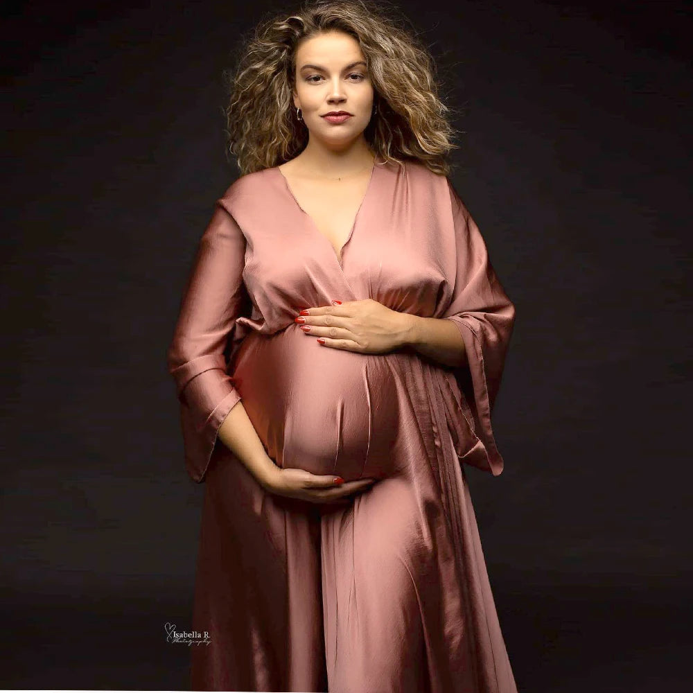 Maternity Photography Gown Elegant Soft Satin Chiffon Long Sleeved Dress Bohemian Photo Shooting Pregnancy Dress