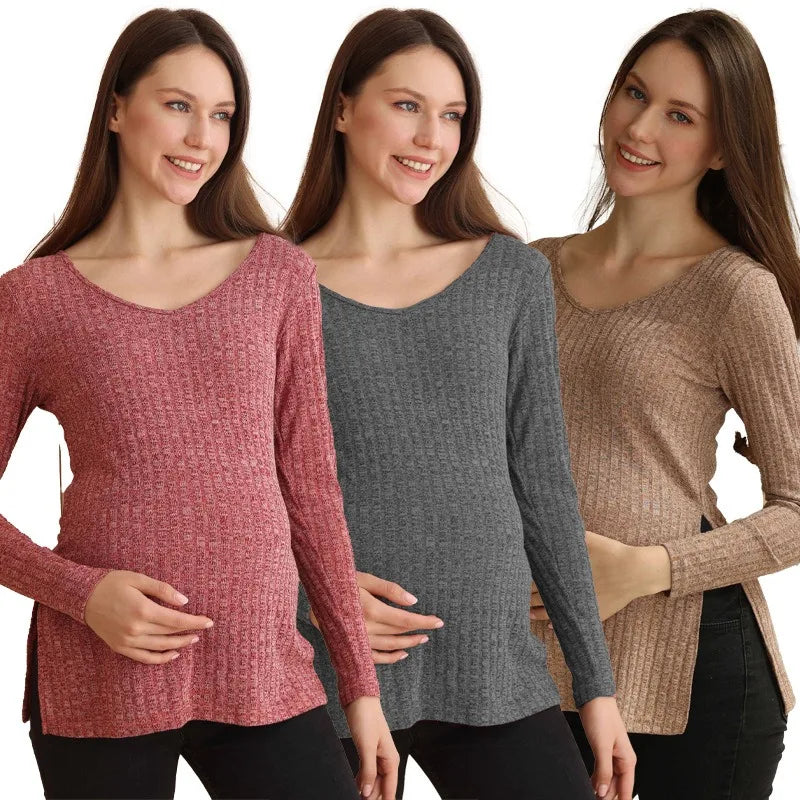 Maternity Fashion Trend Base Roman Wool Solid Color V-neck Long Sleeved Slit Sweater Soft and Comfortable Nursing Top