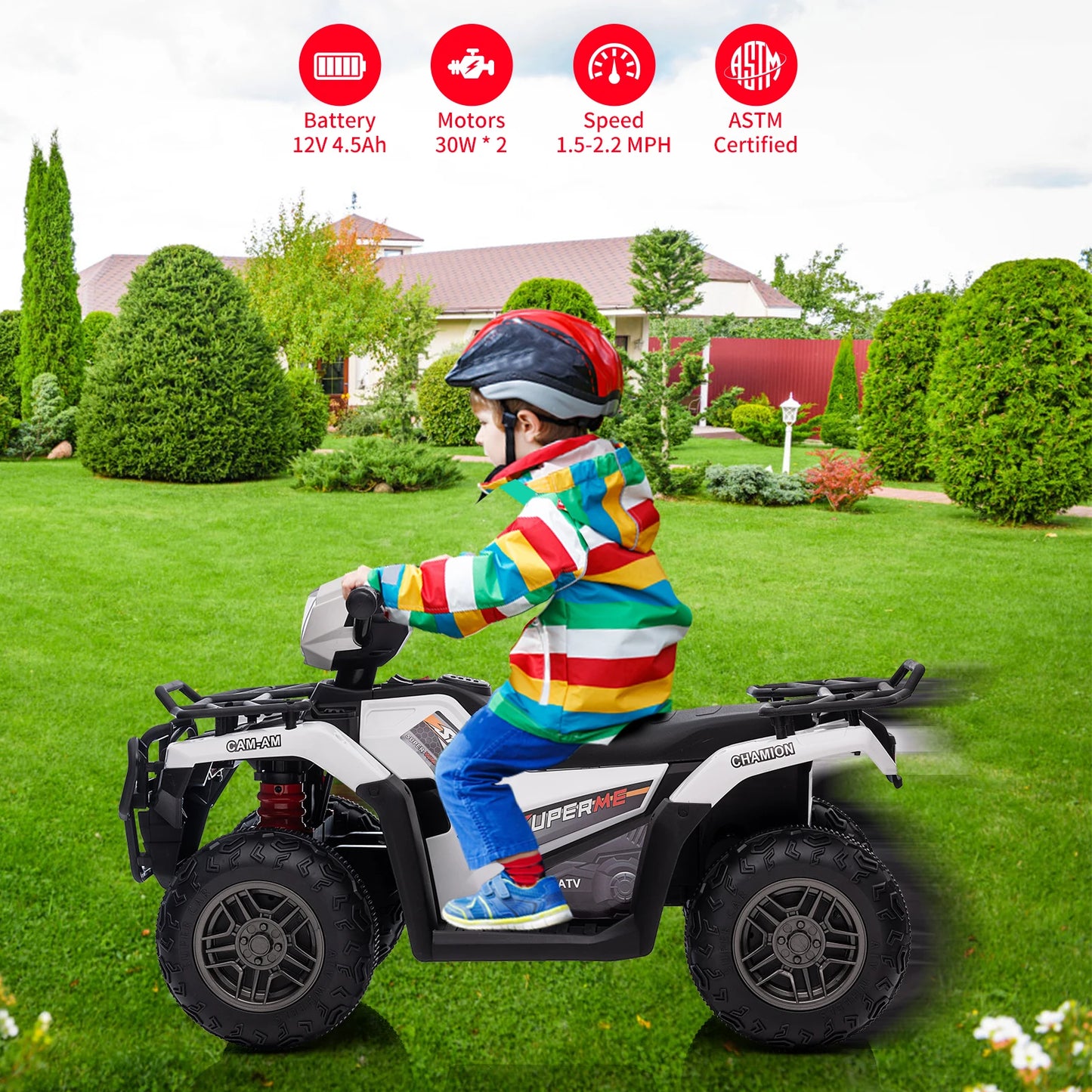 Kids, Age 2.5 - 5 years old, Ride On ATV 12V Battery-Operated Electric Vehicle Car, High/Low 2.2mph Safety Speed, One Button Start, LED Light for Toddlers