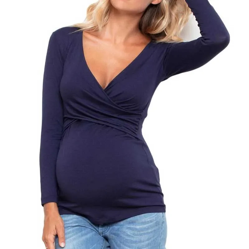 Maternity Nursing V-neck Long Sleeve Top  Breastfeeding Clothes for Pregnant Woman