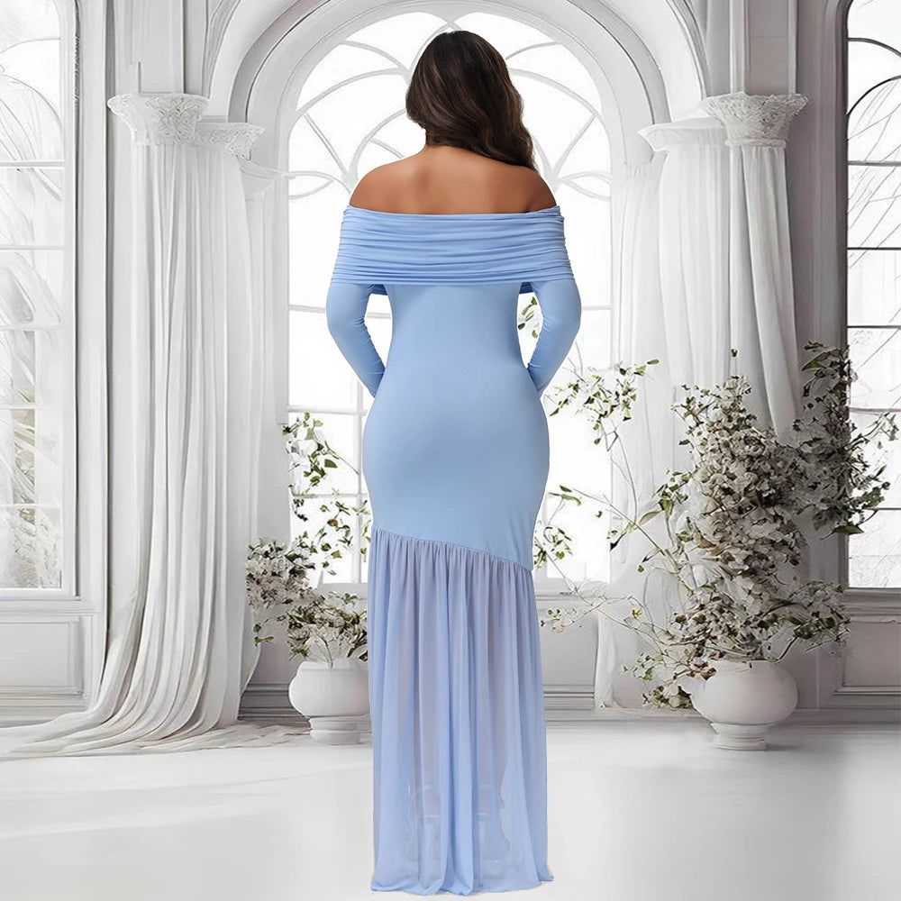 Maternity Photography Off-Shoulder Slits Fishtail Hem Baby Shower Clothes For Pregnant Woman Evening Party Elegant Gown