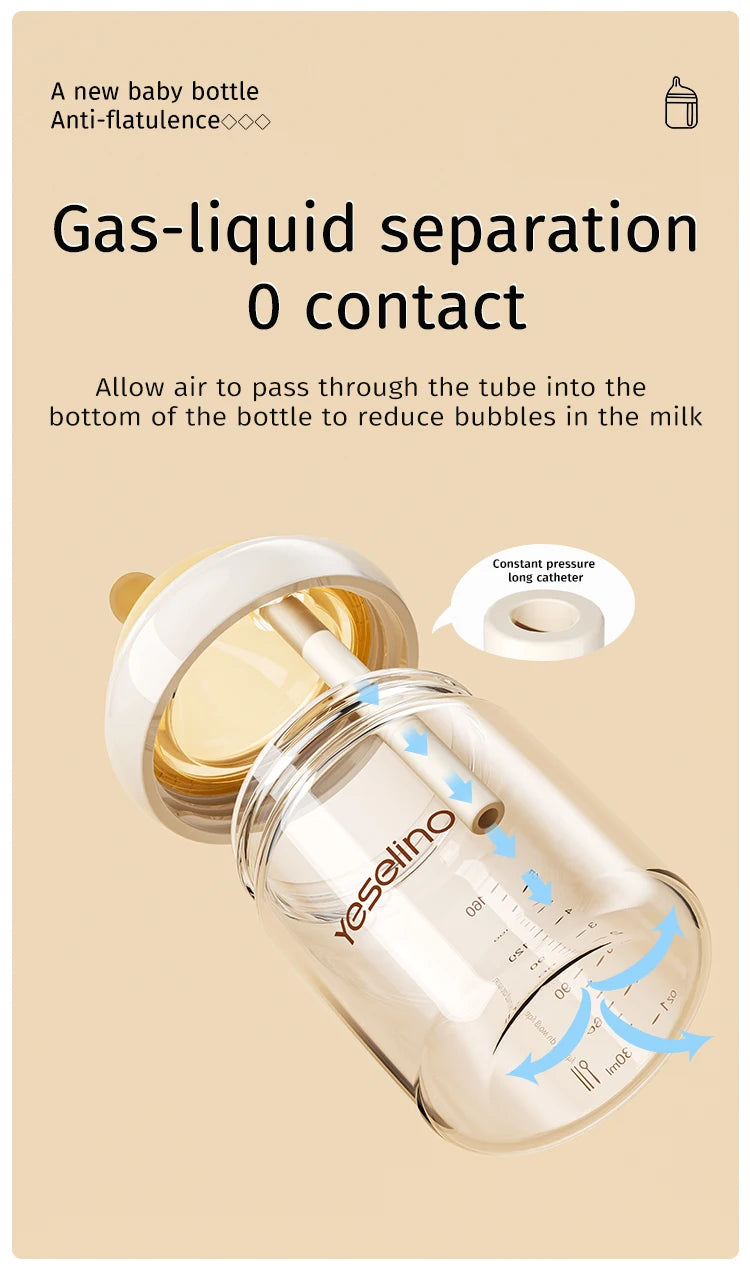 Newborn Glass Baby Bottles 160ml Silicone Nipple, 0-6 Months Anti Bloating Anti Spitting Choking
