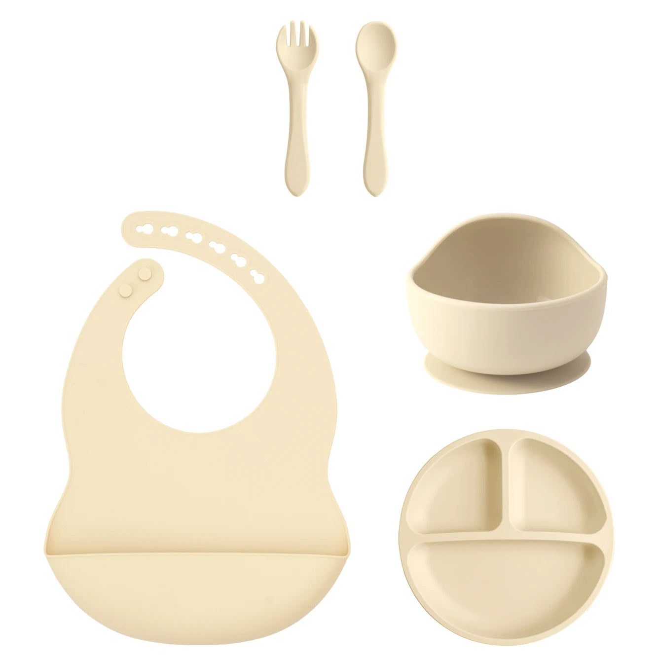 5PCS Silicone BPA Free Baby Toddler Feeding Set; Suction Plate, Suction Bowl, Bib, Spoon Fork Training Tableware Gift Set